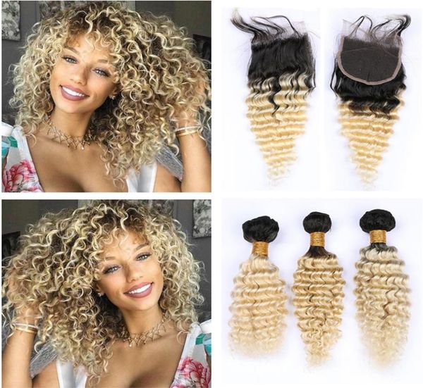 613 Loira Ombre Brasileira Onda Profunda Pacotes de Cabelo com Fechamento Dois Tons 1B613 Raízes Escuras Loira Ombre Profundo Encaracolado Cabelo Humano Deals6245369