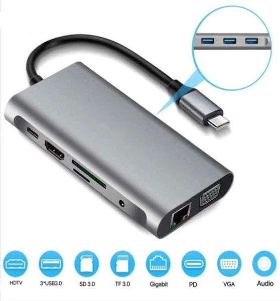 Multifunktionaler 10-in-1-USB-C-Hub, 3 x USB, 30 HDTV, VGA, Audio, SD, TF, Leser, RJ45, Ethernet, PD-Aufladung für MacBook, Tablet3675784