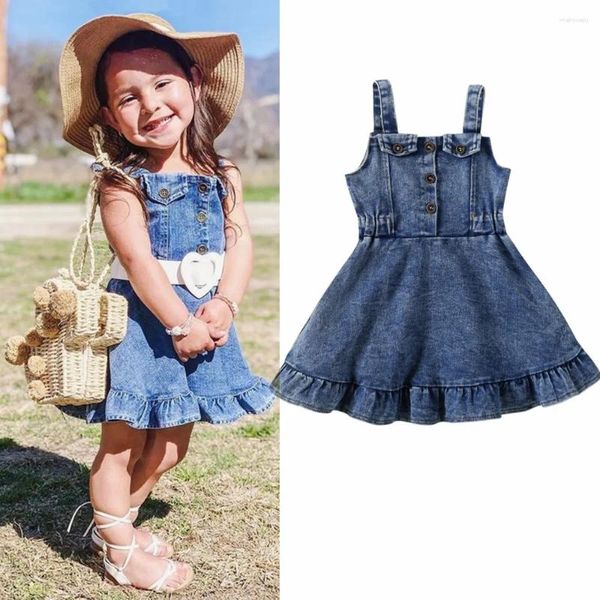 Abiti da ragazza per bambini e bambine, abiti estivi in denim, moda, senza maniche, bottoni, volant, canotta, jeans, abbigliamento