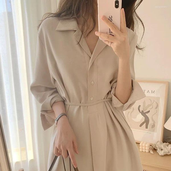 Abiti casual Coreano Chic Primavera Autunno Abito da donna Manica lunga Vestido Solido monopetto Minimalismo Elelgant