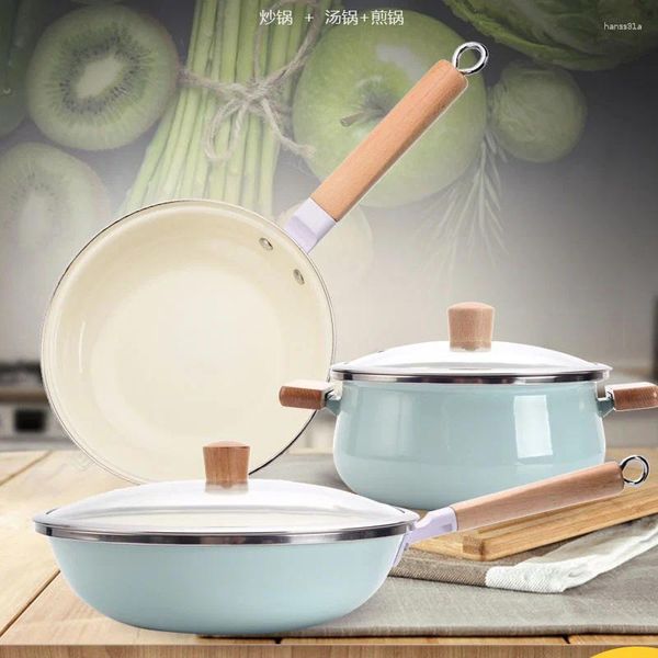 Conjuntos de panelas Conjunto japonês com esmalte de três peças Wok Sopa Frigideira Antiaderente Cozinha Pote Capa Eco-Friendly