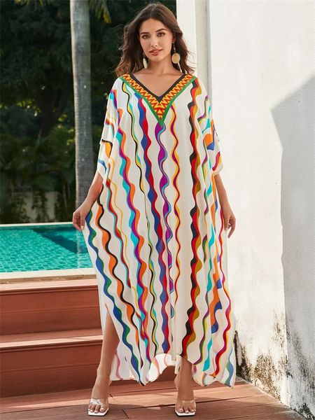 Лето 2024, женская богемная длинная юбка с v-образным вырезом, кафтан, купальник ярких цветов, халат с откидной крышкой, пляжные платья Q1594 240229
