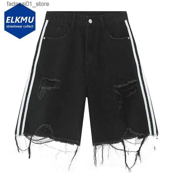 Shorts masculinos lado listrado rasgado denim shorts moda angustiado borla preto jeans shorts homens verão streetwear harajuku hip hop y2k shorts q240229