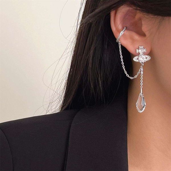 viviennes westwoods Dongju Saturn diamanti pieni goccioline d'acqua clip per osso dell'orecchio orecchini lunghi integrati orecchini con glitter in cristallo zircone femminile