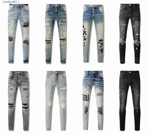 Jeans masculinos Amirs Designer Mens Roxo Moda Calças Retas Brand New Real Stretch Robin Rock Revival Cristal Rivet Denim 240229