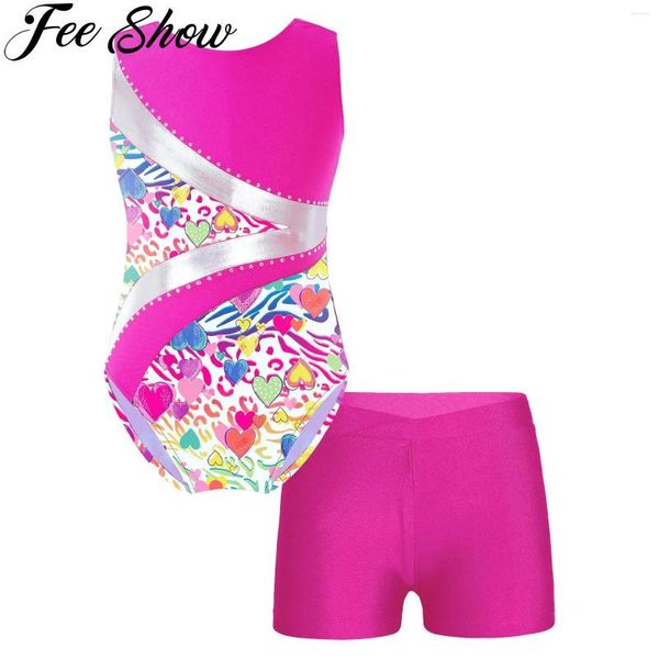 Conjuntos de roupas Kid Girls Ballet Dance Performance Competição Outfits Sem Mangas Brilhantes Strass Patchwork Com V-Frente Cintura Shorts