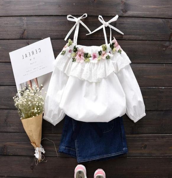 Весна-Лето для маленьких девочек SunTop с цветочной вышивкой, хлопковые топы, блузка, детская белая футболка с цветочным принтом, детские блузки, одежда 4207808