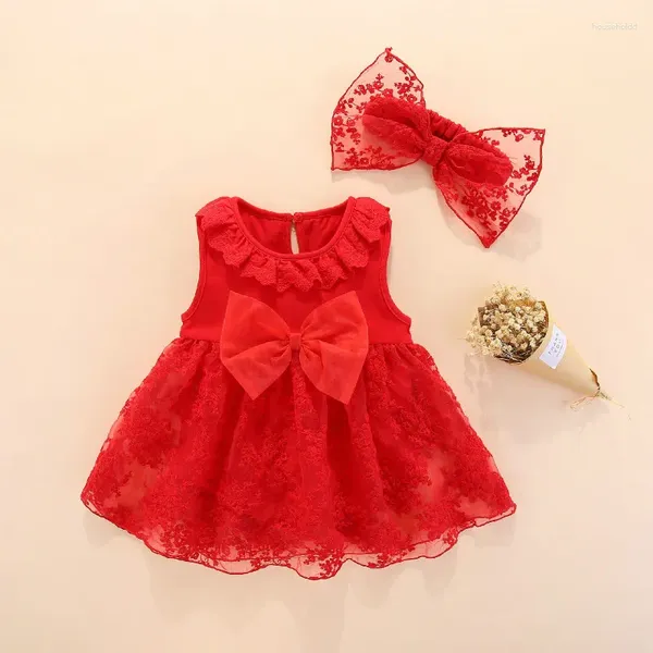 Kız Elbiseler 2024 Yaz Bebek Elbise Head Band ile 0 3 Ay Pamuk Kırmızı Beyaz Doğum Giysileri Düğün Vaftiz Hediye Seti Prenses 6m