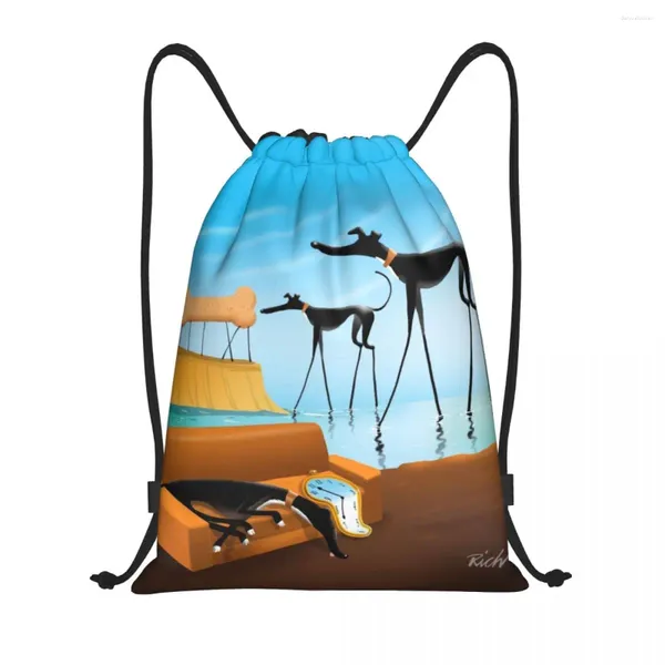 Sacos de compras Salvador Dali Greyhound Lurcher Drawstring Backpack Sport Gym Sackpack Dobrável Whippet Sighthound Dog Art Treination Bag Sack