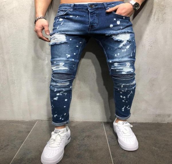 Uomini strappati a punta jeans magri stampati distrutti distrutti slim fit schine pantalone casual maschi slim foro jeans blu jeans pantaloni5734077