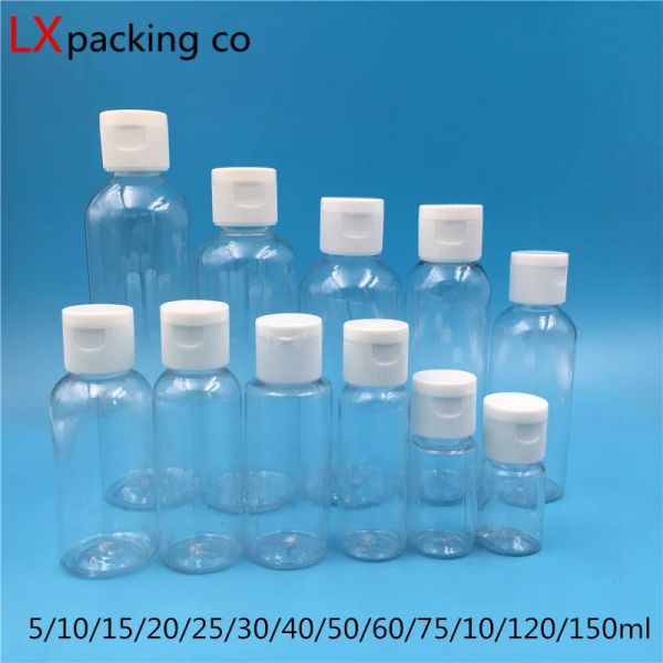 Garrafa 50pcs 10ml 25ml 30ml 50ml 60ml 100ml 150ml vazio frascos de plástico transparente pacote perfume viagem líquido tampa branca mini recipientes