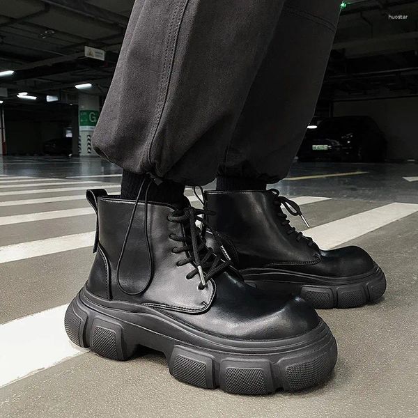 Stivali da uomo con plateau da motociclista da uomo casual in pelle crosta alla caviglia con lacci sneakers alte alla moda con tacco grosso corto