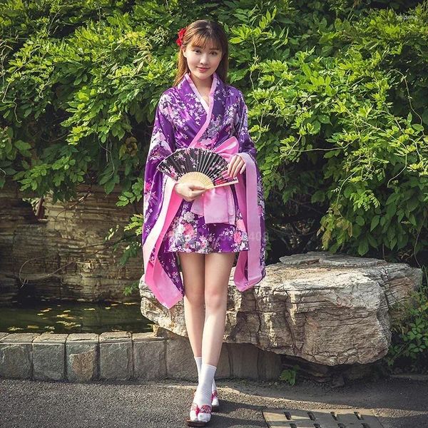 Roupas étnicas Kimono Dress Girl Japonês Impresso Arco Floral Sexy Anime Role Playing Costume