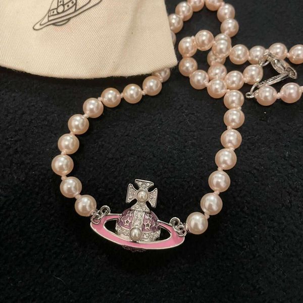 Designer Neckalce Viviennr Westwoods Mothers Pink Star Saturn Collana di perle Smalto femminile Collare di alta qualità Catena online Trasmissione rossa Vendita calda