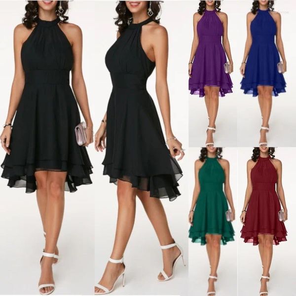 Vestidos casuais 2024 vestido de verão mulheres elegante sem mangas cortadas em camadas midi chiffon sólido cintura alta slim-fit festa robe femme