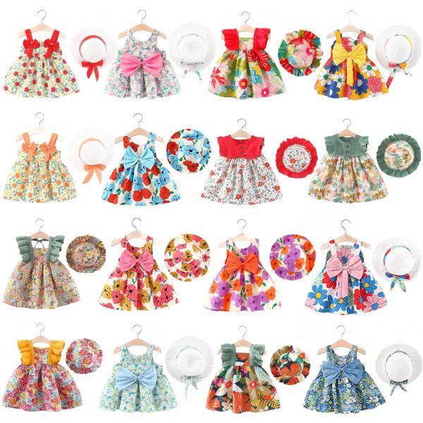 Conjuntos de verão algodão infantil menina boho estilo vintage floral vestido + chapéu conjunto roupas para recém-nascidos criança jardim praia festa terno