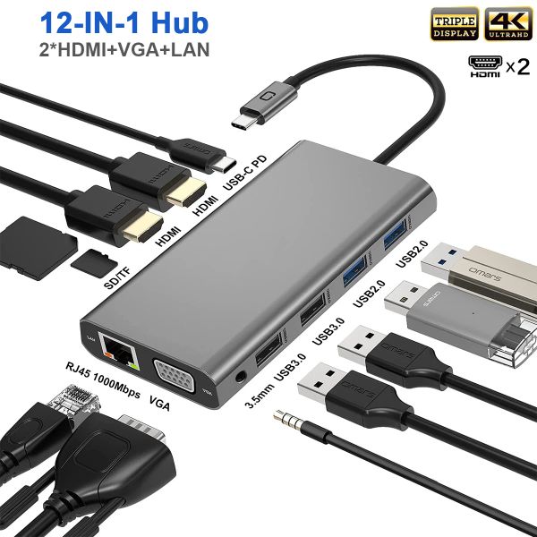 Estações USB C a 2 HDMI 4K VGA Ethernet 100W PD 4USB Audio for MacBook Pro OTG USB C Hub Triple Display