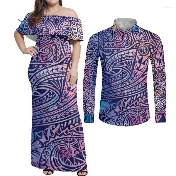 Lässige Kleider HYCOOL Polynesian Tribe Paare Passende Kleidung Set Sommer Sexy Schulterfrei Langes, figurbetontes Marineblaues Kleid für Frauen 7XL