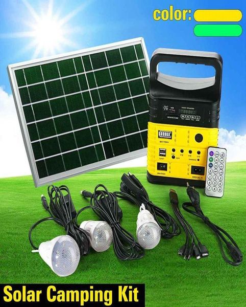 Lâmpadas solares portátil gerador de energia acampamento ao ar livre mini dc10w painel carregamento led sistema iluminação kit controle remoto rádio fm9153884
