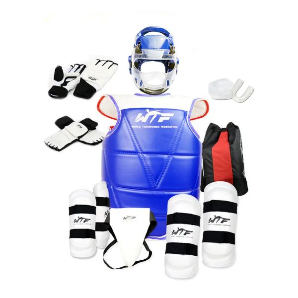 Conjunto de uniforme de taekwondo de segurança, equipamento de proteção, máscara de capacete, armadura, luva de boxe, equipamento de taekwondo, cabeça, braço, perna, protetor