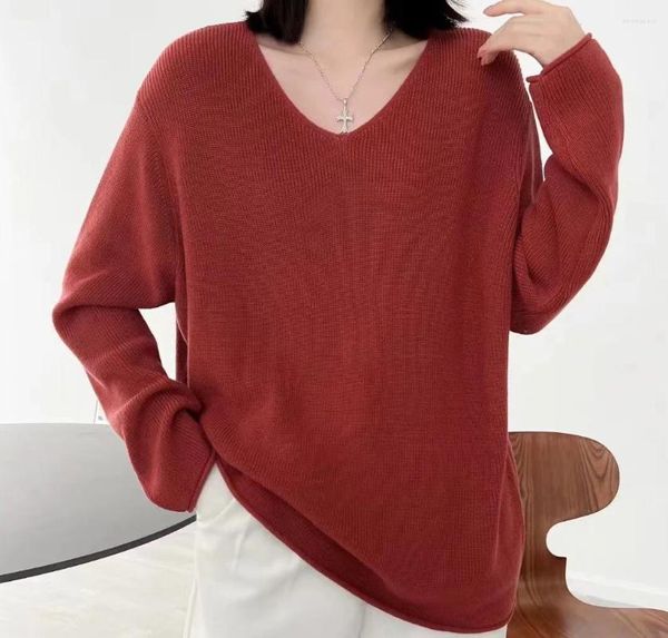 Maglioni da donna Primavera Autunno Casual Tinta unita Colletto con scollo a V Maglione lavorato a maglia Donna Manica lunga allentata Top sottili Office Lady