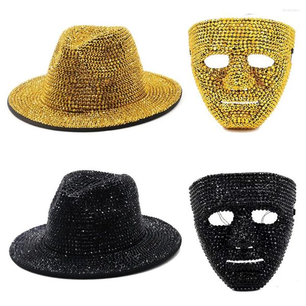 Berets Bühne Hut Maske Set Damenmode Strass Fedora Britischer Diamant Herren Panama Cosplay Performance Party Cap