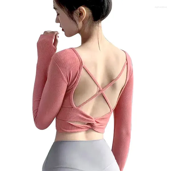 Camicie attive Allenamento yoga Top corto a maniche lunghe aperto sul retro con cuscinetto per il seno Asciugatura rapida traspirante Palestra Fitness Corsa Abbigliamento sportivo da donna