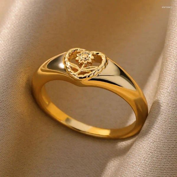 Кольца кластера, винтажное сердце с подсолнухом для женщин, позолоченное кольцо из нержавеющей стали, 2024, свадебная пара, эстетические ювелирные изделия Bague