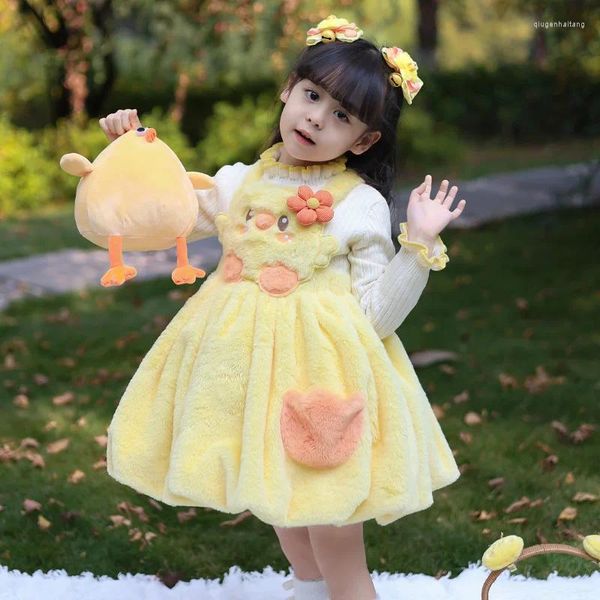 Vestidos da menina 2024 amarelo colete saia para crianças natal costome adorável frango cosplay 5 pçs roupas de inverno do bebê meninas