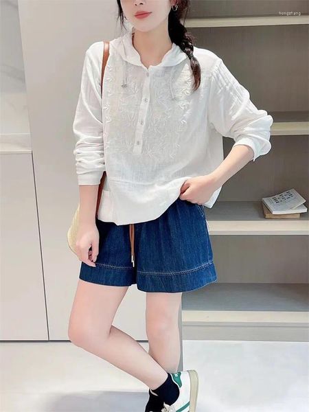 Blusas femininas exclusivas de bambu bordado com capuz camadas duplas fio de algodão manga comprida pulôver camisa blusa mori vintage 2024 outono