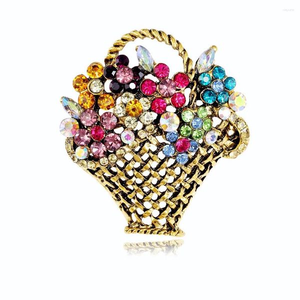 Broches de luxo criativo colorido strass flor cesta para roupas femininas terno pino na moda senhoras jóias acessórios presentes