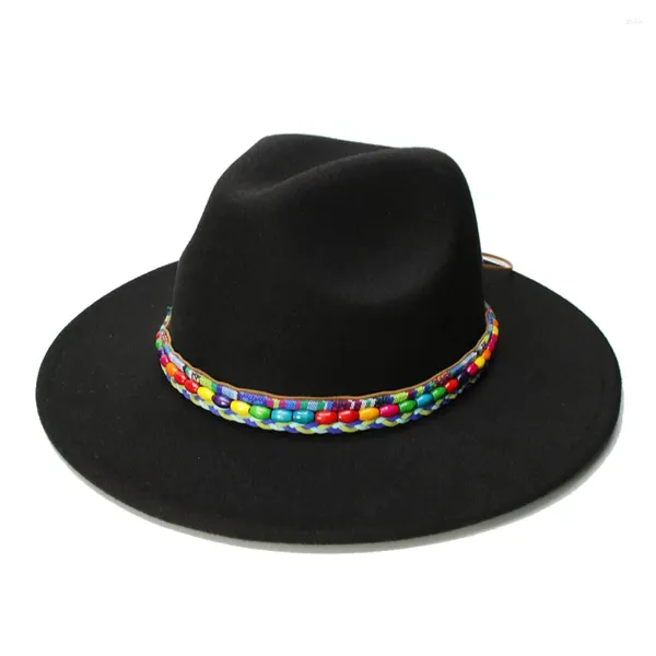 Beralar Luckylianji Retro Çocuk Çocuk Vintage Yün Geniş Brim Cap Fedora Panama Caz Bowler Hat Bead Braid Band (54cm/ayarlanmış)