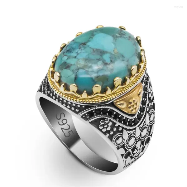Кольца-кластеры, оптовая продажа, настоящее серебро 925 пробы, мужское кольцо с натуральным бирюзовым камнем, винтажное массивное обручальное кольцо ручной работы