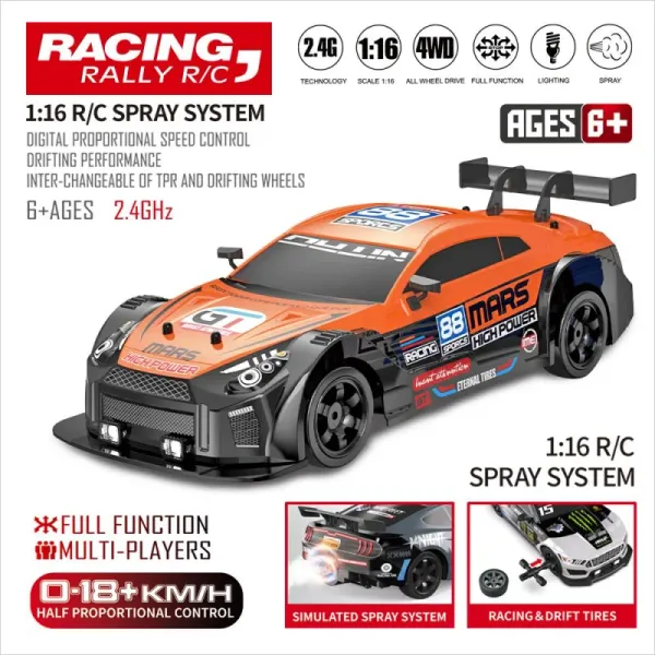 Auto RC Auto 2.4G 4WD 1:16 Spray di grandi dimensioni Auto da deriva ad alta velocità Due tipi di pneumatici Auto da corsa professionale in edizione classica per i regali