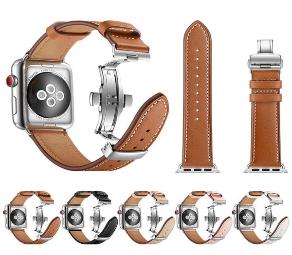 Bracciale in argento con chiusura a farfalla cinturino con cinturino in vera pelle per Apple Watch serie 1 2 3 4 5 6 7 8 SE 38mm 40mm 42mm 44mm8014742