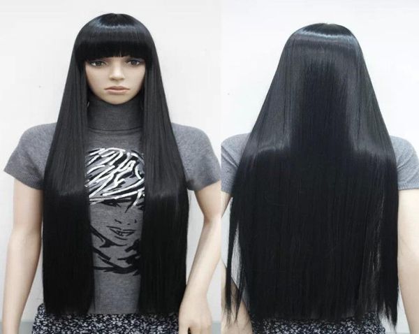 100 nova marca de alta qualidade moda imagem peruca cheia do laçogtgt100cm moda peruca longa preto em linha reta cabelo liso traje puro b2291995