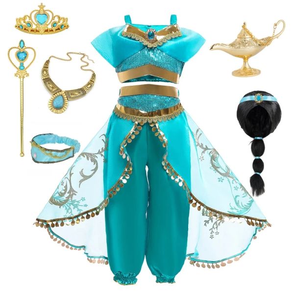 Imposta costume da jasmine per ragazze che si vestono da aladdin il costume da lampada magica festa di compleanno della festa di compleanno Halloween Fantasy Top Pants