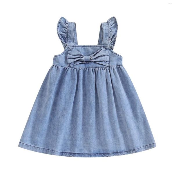 Vestidos de menina pudcoco crianças bebê meninas denim vestido cor sólida arco sem mangas a linha princesa para festa de praia roupas bonitos 6m-4t