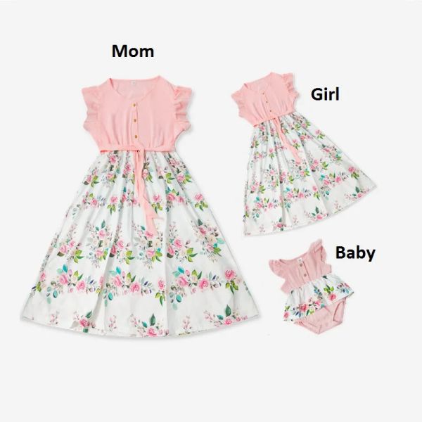 Abiti per la famiglia Set di fiori per mamma e me Vestiti con maniche arricciate Madre figlia Abiti coordinati Moda mamma Neonata Bambina Abito in cotone