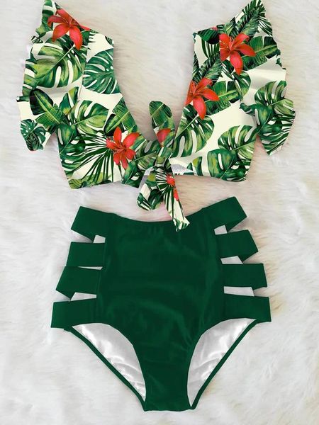 Damen-Bademode, florales Rüschensaum-Bikini-Set, Damen-Flora, V-Ausschnitt, hoher Taille, zweiteiliger Badeanzug, 2024, Mädchen-Strand-Badeanzug, Biquinis