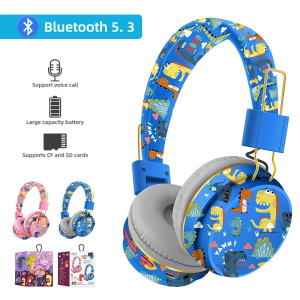 Kopfhörer, kabellose Bluetooth-Kopfhörer mit Mikrofon, Dinosaurier-Kopfhörer für Jungen und Mädchen, Stereo-Musik-Ohrhörer, Dinosaurier-Kopfhörer für Kinder-Eadphones