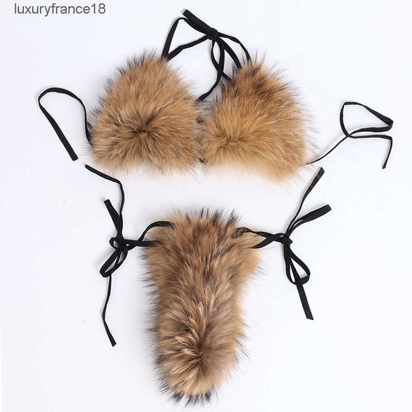 Mulheres Swimwear YOLOAgain Mulheres Natural Raccoon Fur Real Sexy Bikini Set Bra Destacável 230313''gg''FB1V