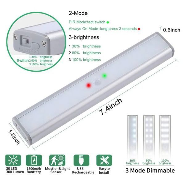 30 LED şarj edilebilir dolap ışığı LEDMable kablosuz hareket sensörü merdiven için dolap aydınlatması altında LED koridor dolap dolap dolap ll