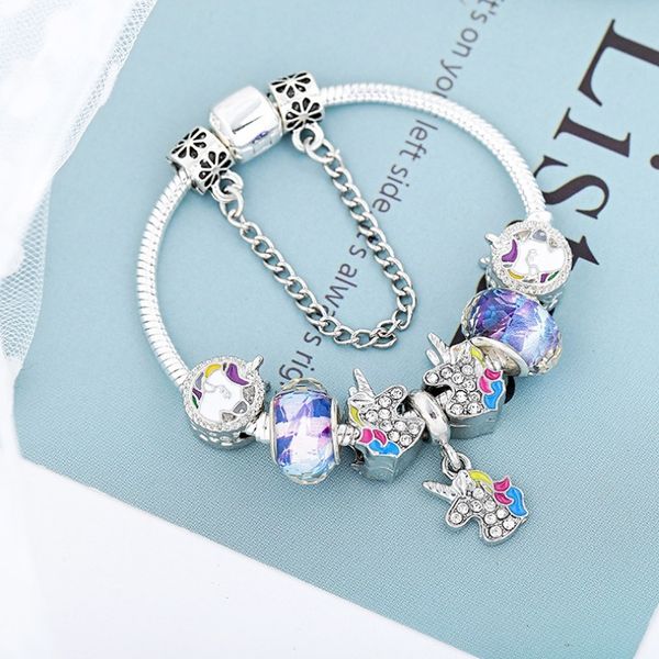 Estilo de luxo quente pulseira de cristal colorido unicórnio frisado pulseira novo estilo dos desenhos animados diy pingente pulseiras boutique menina jóias atacado