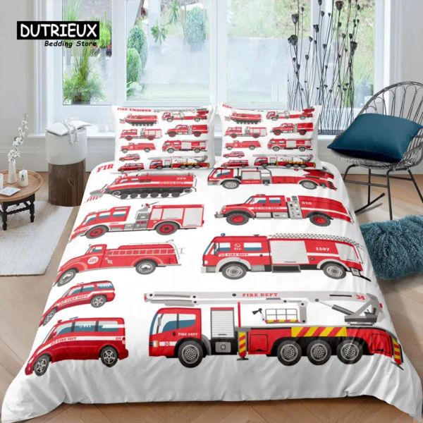 Messo a casa Living Living Luxury Truck Fire Truck Set Kids Rapiumino Copertina Fillemes Set di biancheria da letto Set Queen e King US/US/AU/UK Times Tende