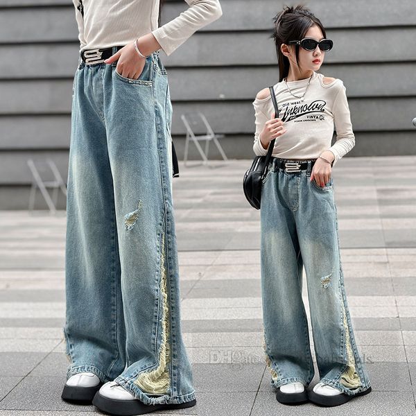 Mode Große Mädchen Loch Jeans Alte Kinder PU Leder Gürtel Breite Bein Denim Hosen 2024 Frühling Teenager Gerade Cowboys Hosen Z6903