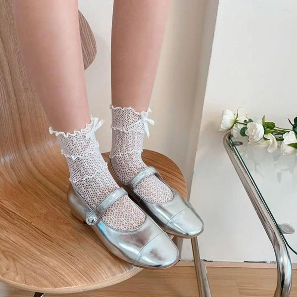 Frauen Socken Y2K Atmungsaktive Geschenk Gaze Einfache Mode Elastische Transparent Koreanischen Stil Rüschen Dünne Schleife Spitze Seide Strumpfwaren