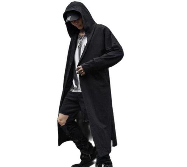 Men039s Trench Coats Primavera verão homens preto fino punk rock hip hop com capuz trench coat longo jaqueta masculina estilo gótico manto vint6207893