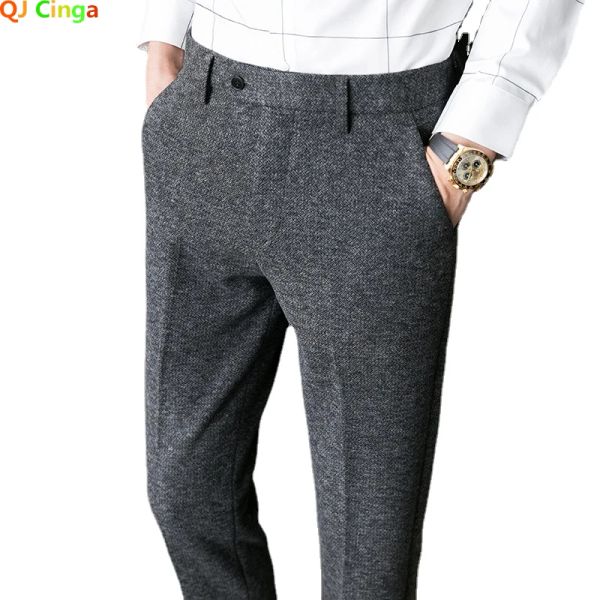 Calças de inverno cinza de lã calças de negócios de moda masculina cáqui magro pantalon outono novas calças masculinas