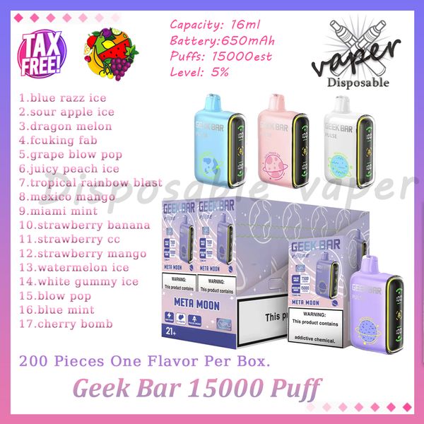 Authentic Geek Bar 15000 Puff Одноразовые электронные сигареты 16 мл Заполненная аккумуляторная батарея емкостью 650 мАч 17 вкусов 15 тыс. затяжек Vapes